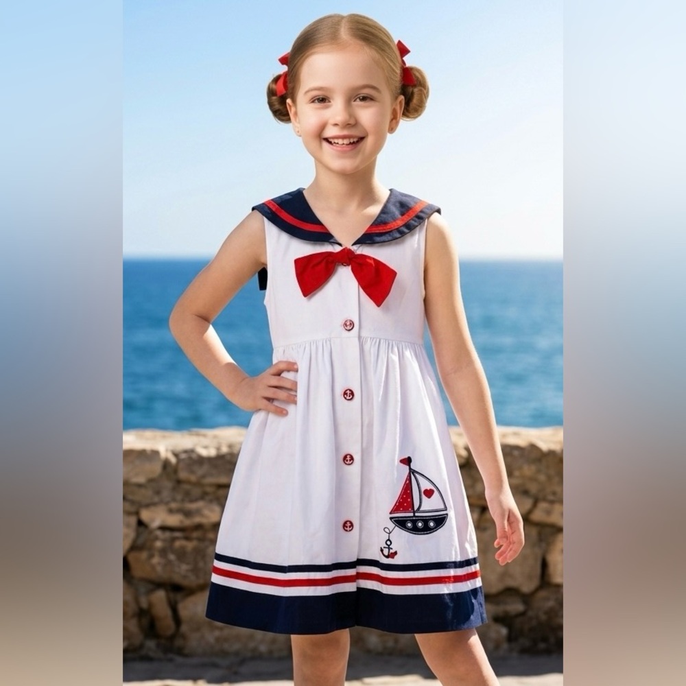 Good Lad Girl’s 4T Sailor Dress White Poplin Nautical Red Blue Sailboat Appliqué